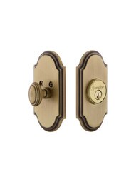 Grandeur Single-Cylinder Deadbolt with Arc Plates Keyed Alike in Antique Brass.